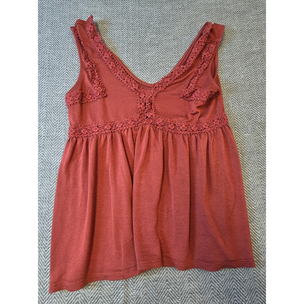 Mudd Babydoll Tank Top Women's XS Red Crochet Lace Trim Sleeveless Deep V Neck